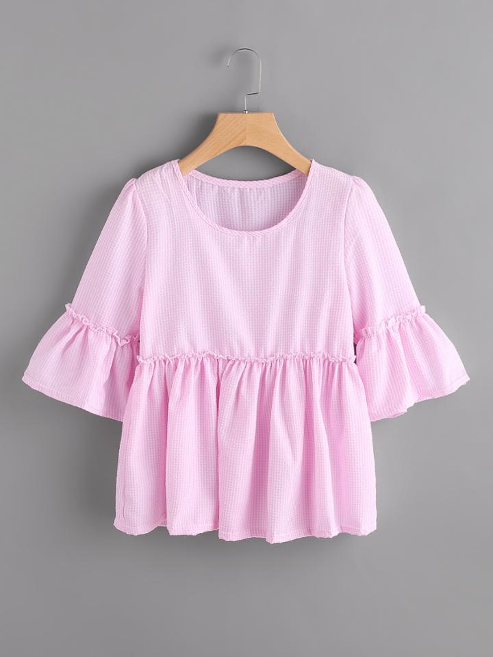 Shein Fluted Sleeve Gingham Smock Blouse