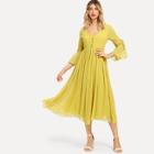 Shein Button Up Knot Bell Sleeve Solid Dress
