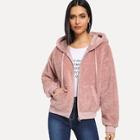 Shein Zip & Pocket Front Drawstring Teddy Hoodie