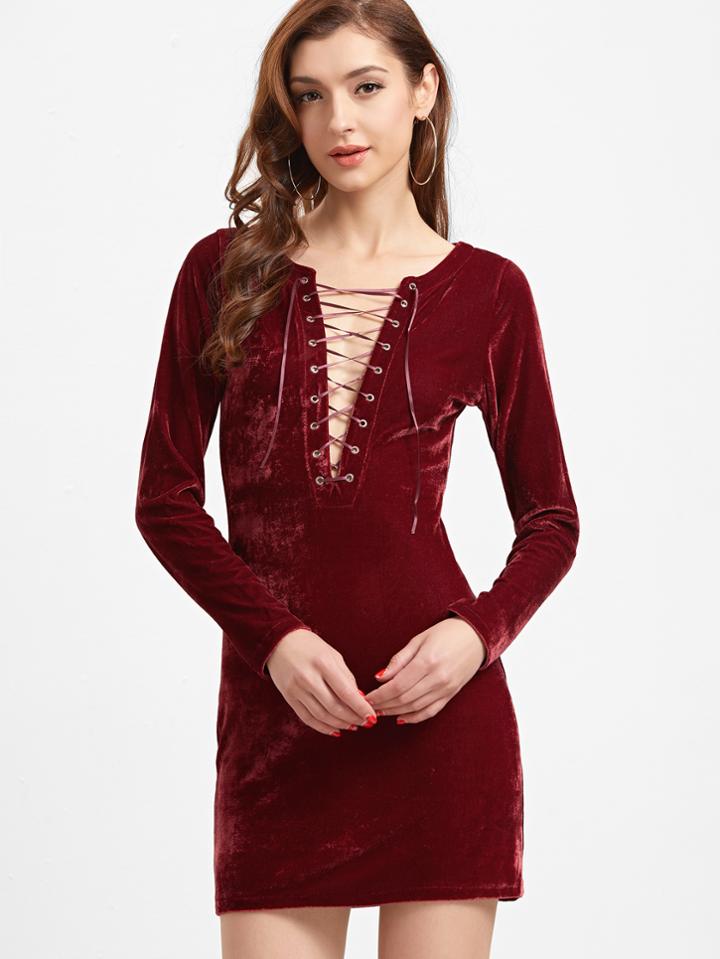 Shein Burgundy Deep V Neck Lace Up Velvet Dress