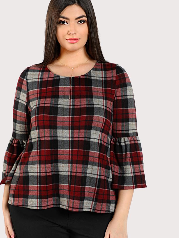 Shein Trumpet Sleeve Plaid Top