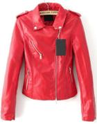 Shein Red Lapel Long Sleeve Zipper Leather Jacket