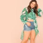 Shein Plus Jungle Leaf Print Button Half Placket Slit Top