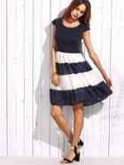 Shein Navy Striped Cap Sleeve Flare Dress