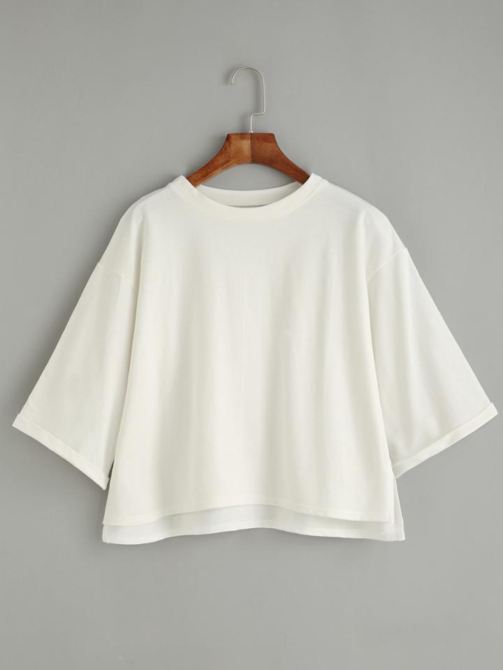 Shein White Drop Shoulder Cuffed T-shirt