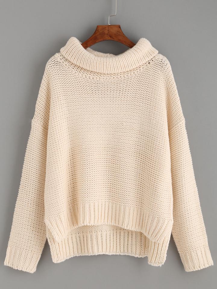 Shein Apricot Turtleneck Drop Shoulder High Low Sweater