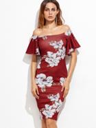 Shein Burgundy Flower Print Flutter Sleeve Two Way Dress