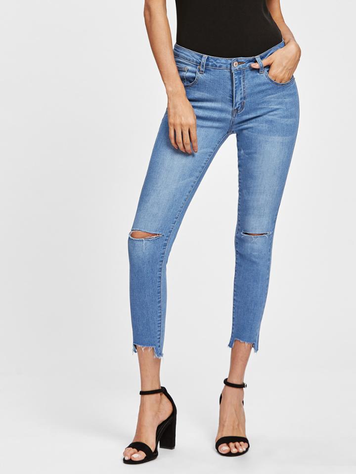 Shein Knee Ripped Staggered Raw Hem Jeans