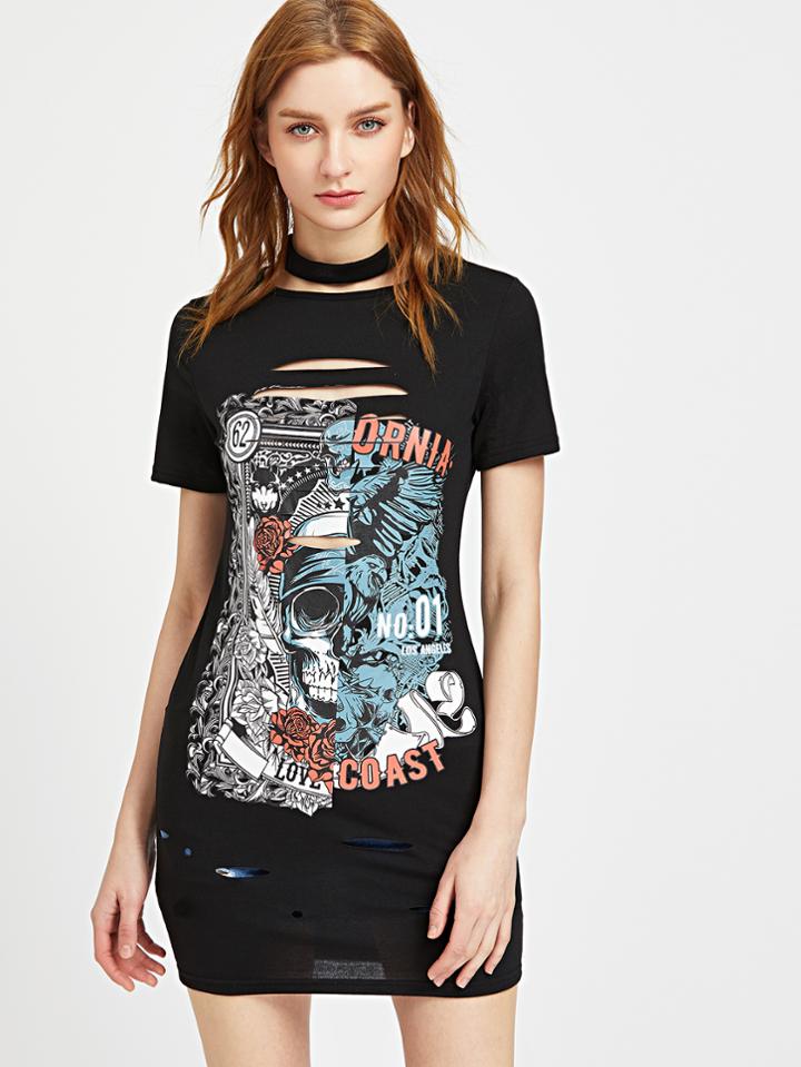 Shein Graphic Print Choker Neck Ripped Dress