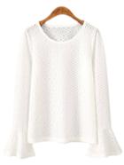 Shein White Round Neck Bell Sleeve Hole Blouse