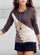 Rosewe Causal Round Neck Long Sleeve Color Block T Shirt