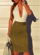 Rosewe V Neck Open Back White And Green Pencil Dress