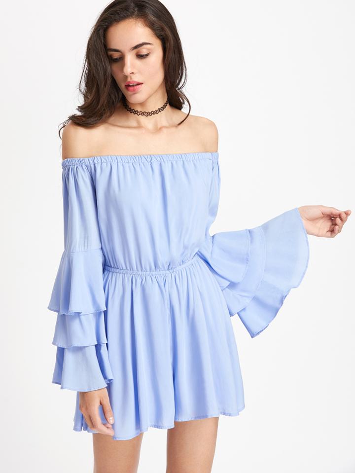 Shein Bardot Tiered Bell Sleeve Romper