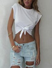 Shein White Round Neck Knotted Crop T-shirt