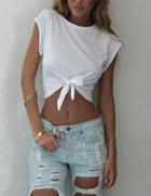 Shein White Round Neck Knotted Crop T-shirt