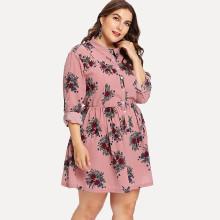 Shein Plus Button Up Half Placket Floral Smock Dress