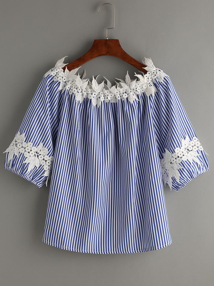 Shein Blue Vertical Striped Boat Neck Contrast Applique Top