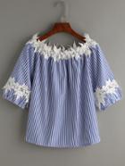 Shein Blue Vertical Striped Boat Neck Contrast Applique Top