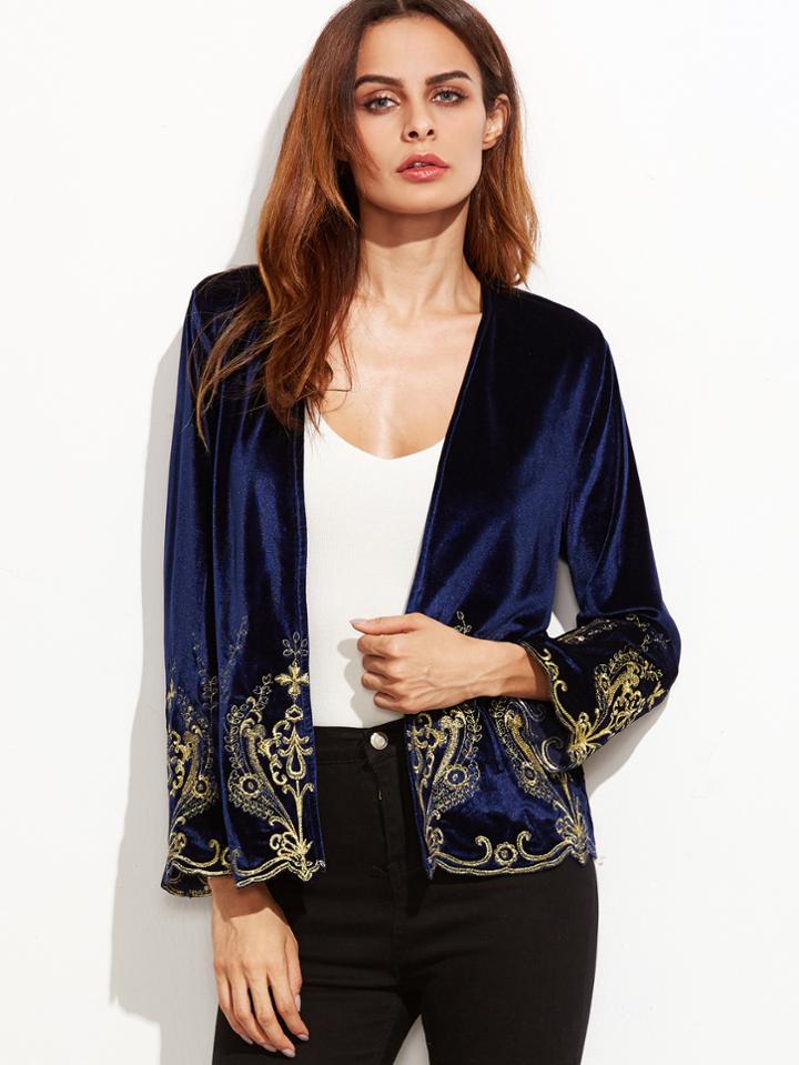 Shein Navy Floral Embroidered Collarless Velvet Blazer