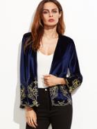 Shein Navy Floral Embroidered Collarless Velvet Blazer