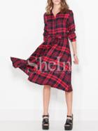 Shein Red Long Sleeve Informal Lapel Grid Plaid Dress