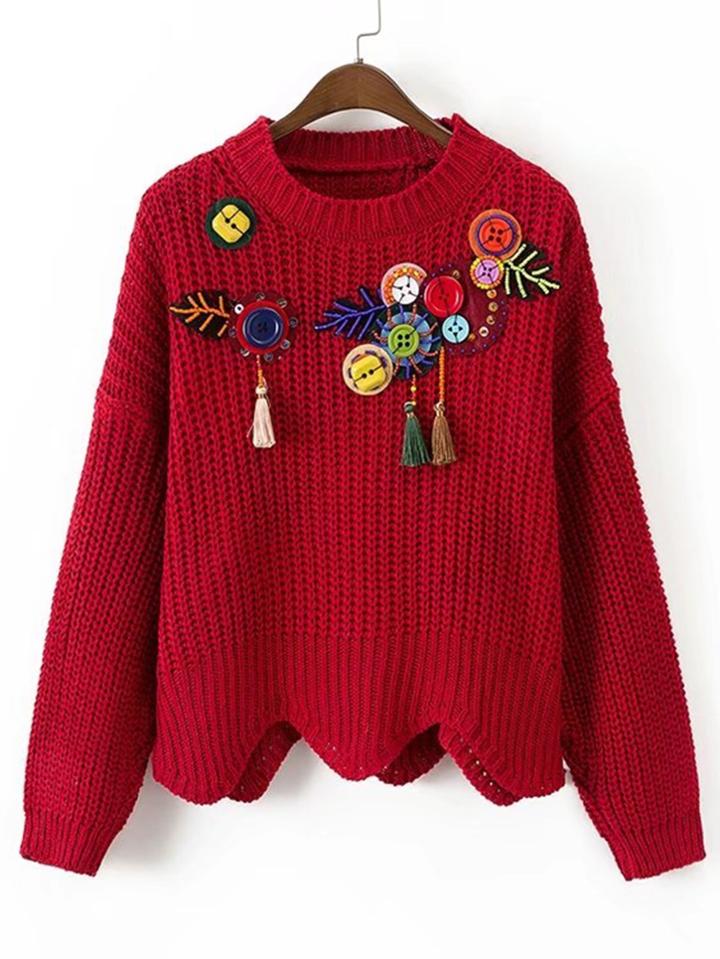 Shein Tassel Embellished Scalloped Hem Sweater