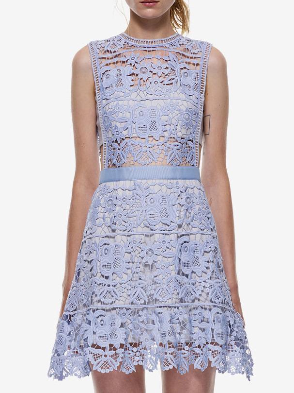 Shein Blue Side Hollow Panoply Gorgeous Splendid Delicate Bravissimo Nicely Lace Scalloped A-line Dress