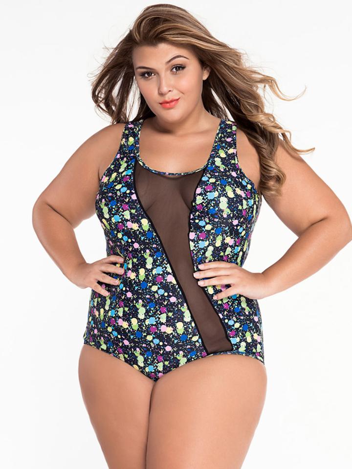 Shein Multicolor Paint Drop Print Mesh Panel Plus Size Swimsuit