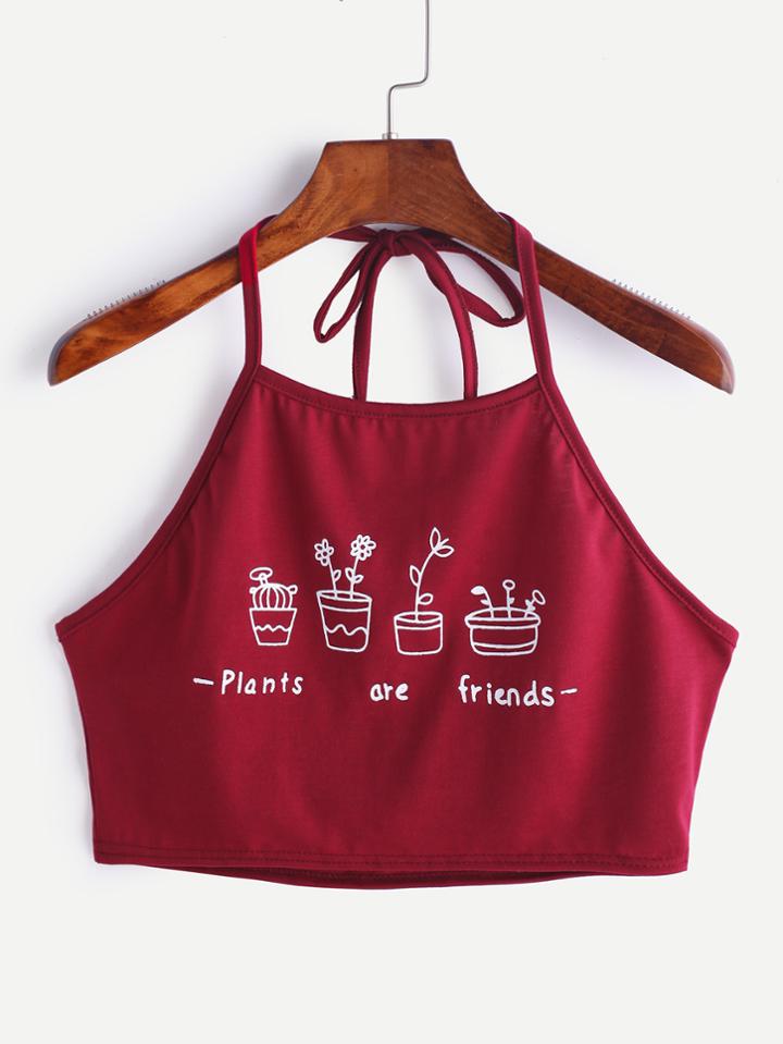 Shein Burgundy Potted Print Halter Crop Top