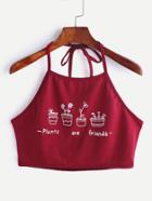 Shein Burgundy Potted Print Halter Crop Top