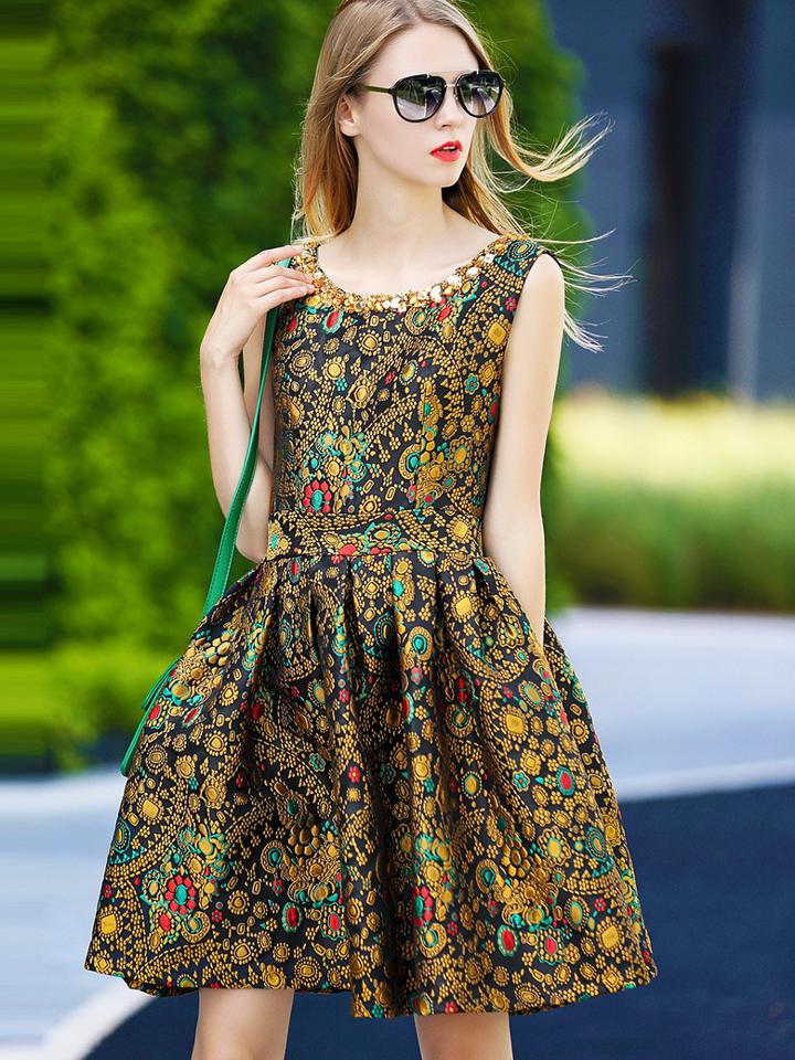Shein Multicolor Round Neck Sleeveless Embroidered Sequined Dress