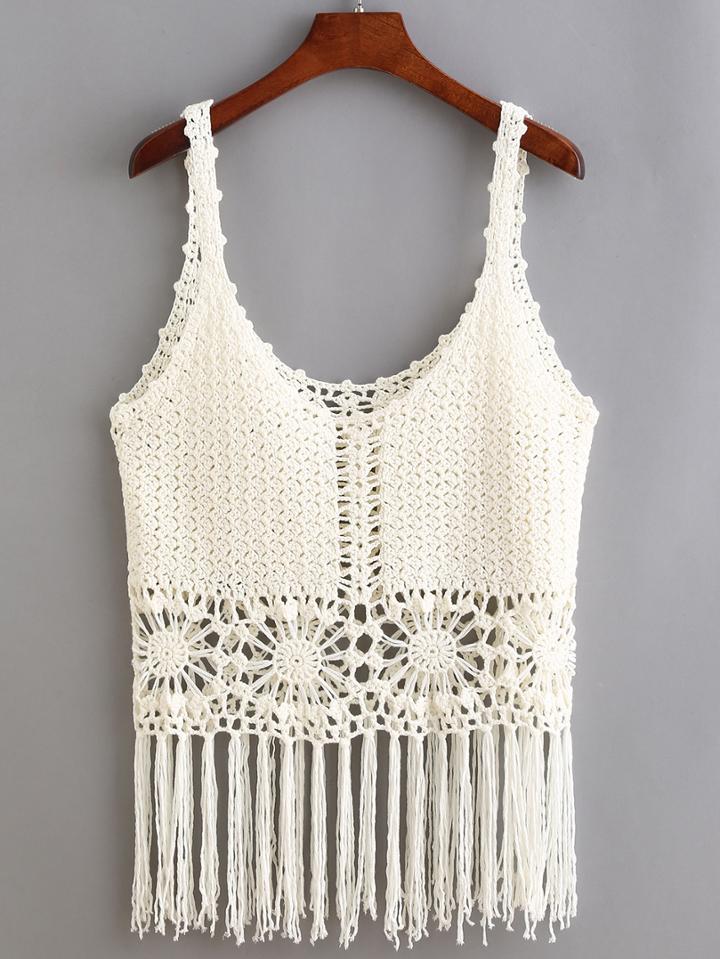 Shein White Hollow Fringe Tank Top