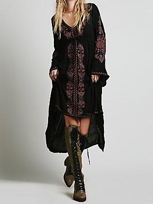 Shein Black V Neck Bell Sleeve Embroidered High Low Dress