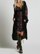 Shein Black V Neck Bell Sleeve Embroidered High Low Dress