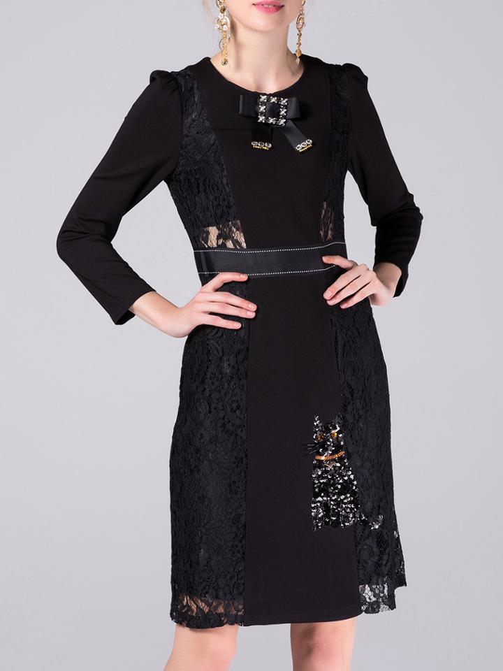 Shein Black Bowknot Contrast Lace Cat Sequined Dress