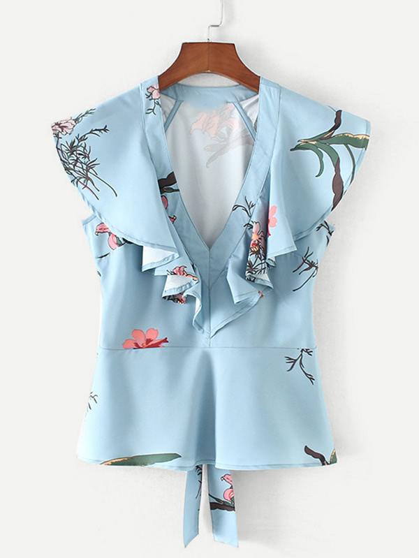 Shein Flounce Detail Self Tie Peplum Blouse