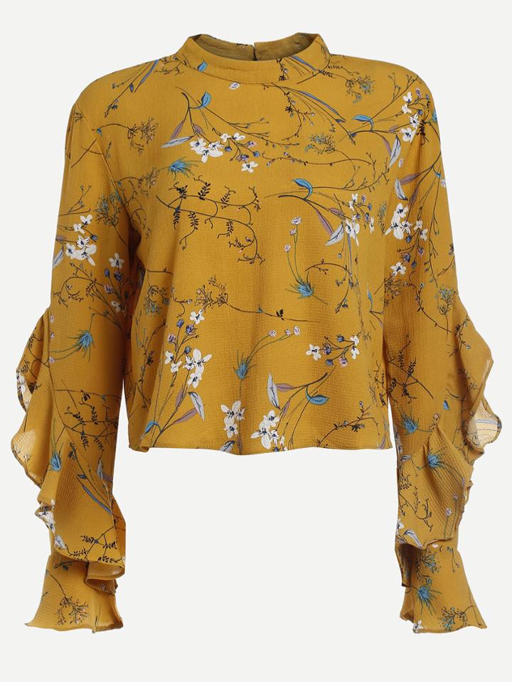 Shein Botanical Print Frill Trim Keyhole Back Top