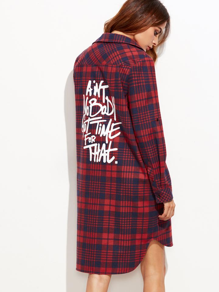Shein Red And Navy Plaid Letter Print High Low Shirt Dress