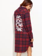 Shein Red And Navy Plaid Letter Print High Low Shirt Dress