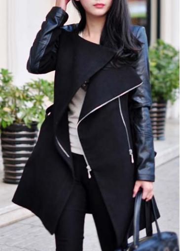 Rosewe Enchanting Pu Splicing Long Sleeve Coat With Zipper