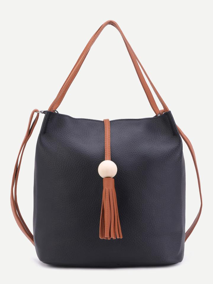 Shein Black Pu Tassel Trim Convertible Tote Bag