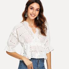 Shein Embroidered Eyelet Drawstring Tassel Ruffle Top