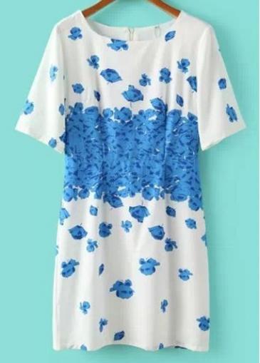 Rosewe Elegant Round Neck Half Sleeve Print Chiffon Dress