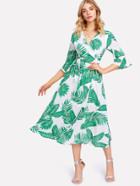 Shein Palm Print Tie Waist Flounce Sleeve Dress