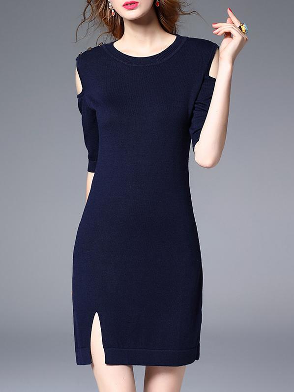 Shein Navy Open Shoulder Split Knit Dress