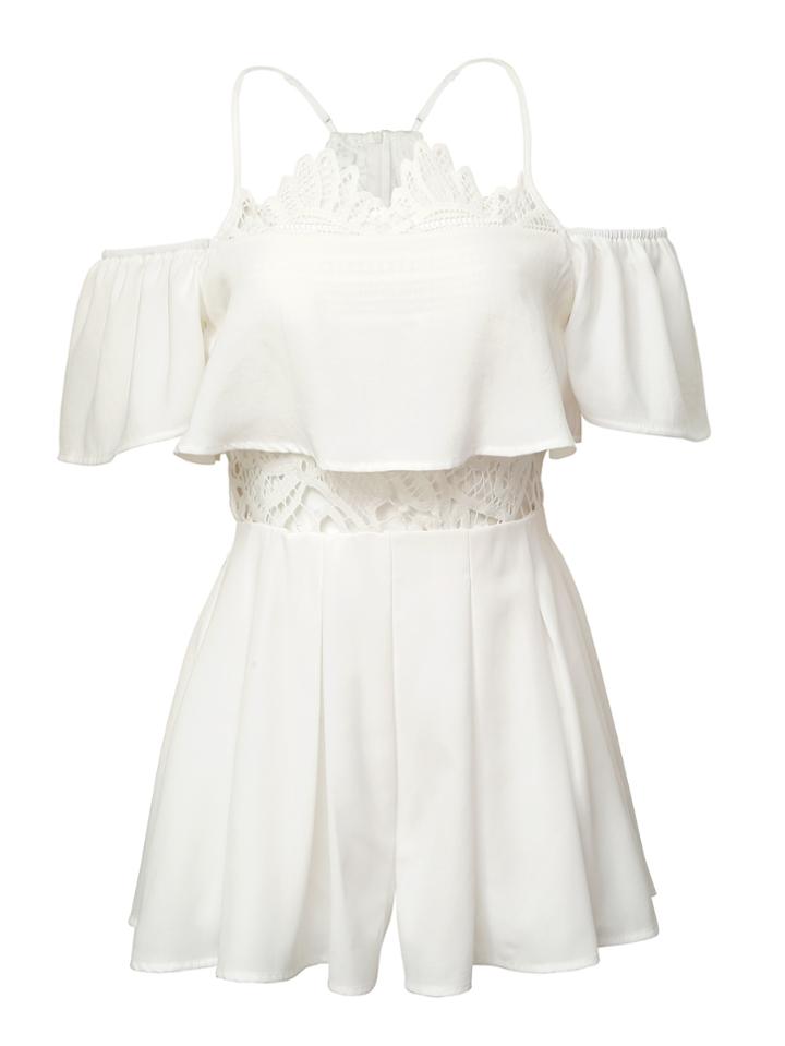 Shein White Cold Shoulder Ruffle Jumpsuit