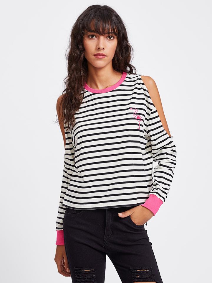 Shein Open Shoulder Flamingo Embroidered Ringer Top