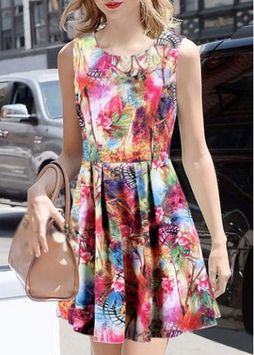 Rosewe Multicolor Print Round Neck Skater Dress