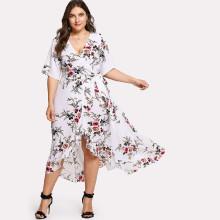 Shein Plus Asymmetric Ruffle Hem Botanical Wrap Dress