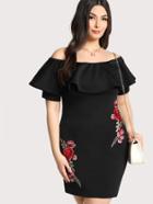 Shein Embroidered Rose Patch Flounce Bardot Dress